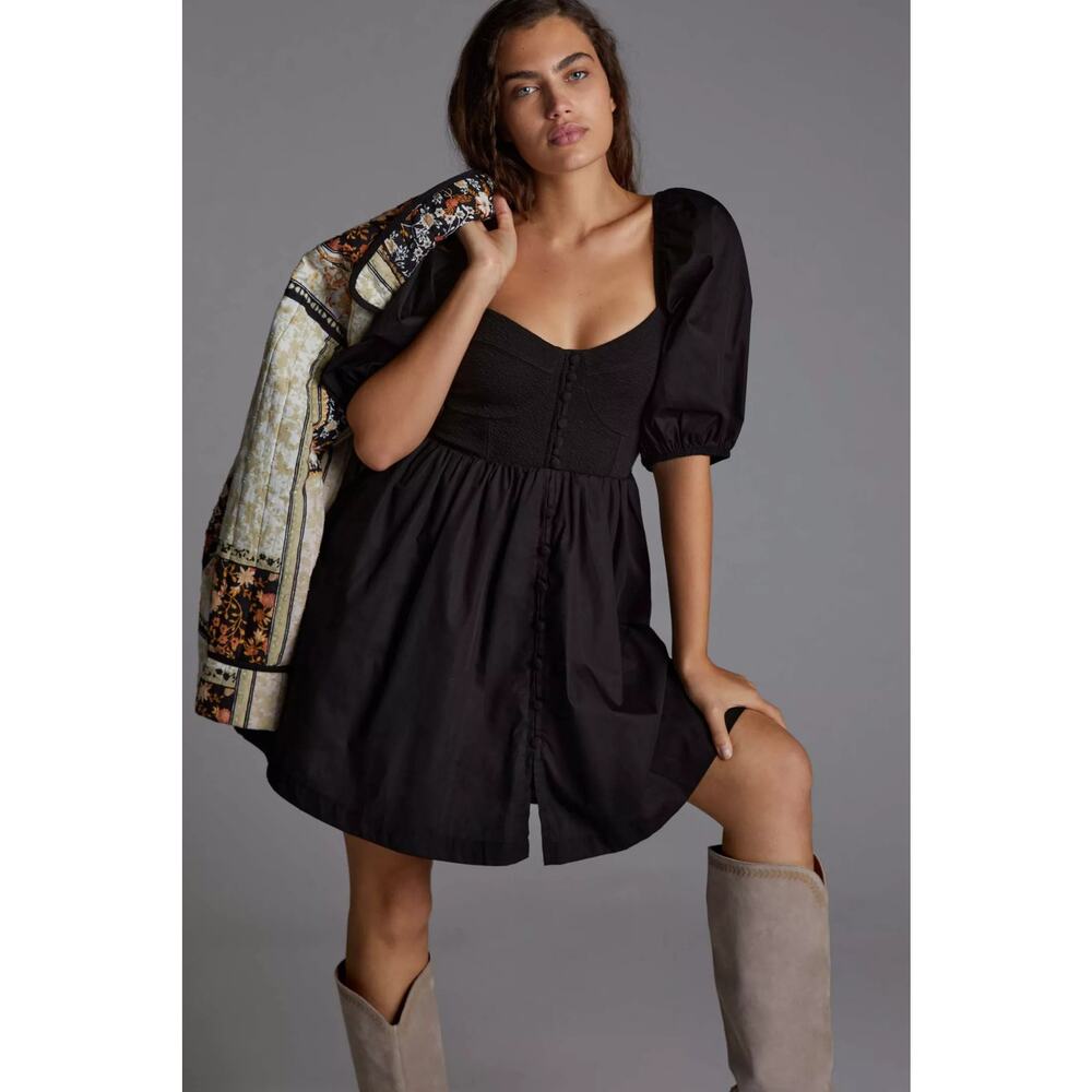 NEW Maeve Puff-Sleeved Sweetheart Mini Dress Black S